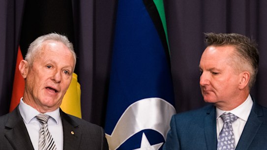 Former fire chief and climate advocate Greg Mullins address the first ministerial press conference held by Climate Minister Chris Bowen.