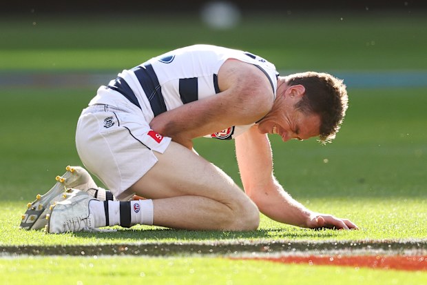 A visibly pained Jeremy Cameron during the AFL grand final.