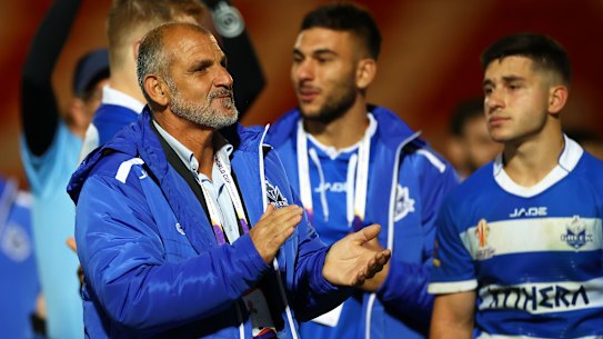  Steve Georgallis applauds his players in Doncaster.