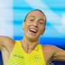 Rose Davies celebrates her win and Australia’s first gold at the track.
