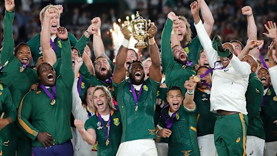 South African captain Siya Kolisi holds the Webb Ellis Cup aloft after South Africa defeated England to win the Rugby World Cup final at International Yokohama Stadium in Yokohama, Japan, on Nov. 2, 2019. South Africa and England will meet again on Saturday Oct. 21, 2023 in the semifinals at Stade de France. (AP Photo/Christophe Ena, File)