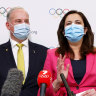 Brisbane lord mayor Adrian Schrinner and then federal Sports Minister Richard Colbeck, with Queensland Premier Annastacia Palaszczuk and John Coates speak to the media after Brisbane was announced as the 2032 Summer Olympics host city in July last year.