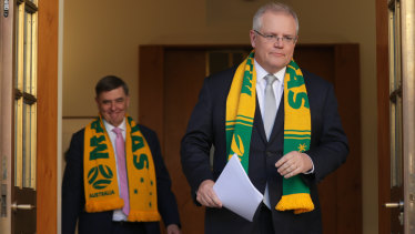 Chief Medical Officer Professor Brendan Murphy and Prime Minister Scott Morrison. No prizes for guessing the team they will be supporting at the 2023 Women's Soccer World Cup.