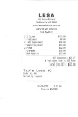 The bill for lunch with Lucy Guerin.