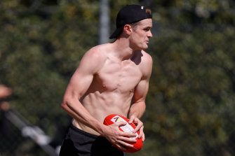 Already back in training: Bayley Fritsch at a session Iast month, just weeks after the Demons won the flag.
