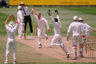 Jubilation as Shane Warne takes the third wicket of his hat-trick.