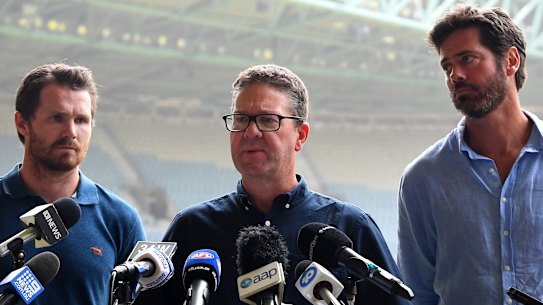 (L-R) AFLPA president Patrick Dangerfield, AFLPA CEO Paul Marsh and AFL CEO Gillon McLachlan. 
