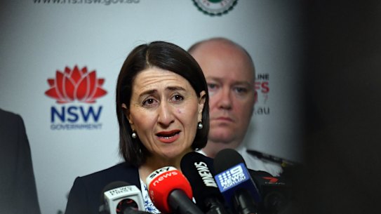 Premier Gladys Berejiklian defends the stadium cost blow-out at a press conference at the Rural Fire Service headquarters in Sydney on Wednesday.