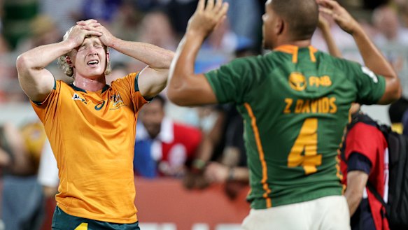 Henry Hutchison reacts to South Africa’s match-winning score in the dying moments of the men’s final.