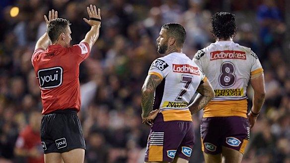 Broncos forward Keenan Palasia is sent to the sin bin.