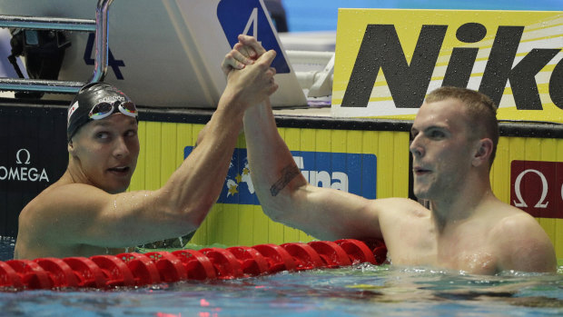 Caeleb Dressel and Kyle Chalmers after their epic 100m freestyle final in South Korea.