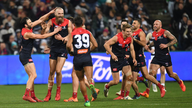 Max Gawn celebrates a goal against the Cats, which they lost in a nailbiter.