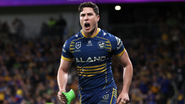 Mitchell Moses celebrates during Friday night’s win over Canberra.