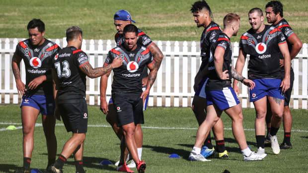 Warriors players train at their quarantine base in Tamworth on Tuesday.