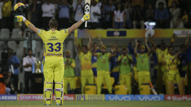 Centurion: Shane Watson salutes his teammates after passing 100 runs in the IPL final.