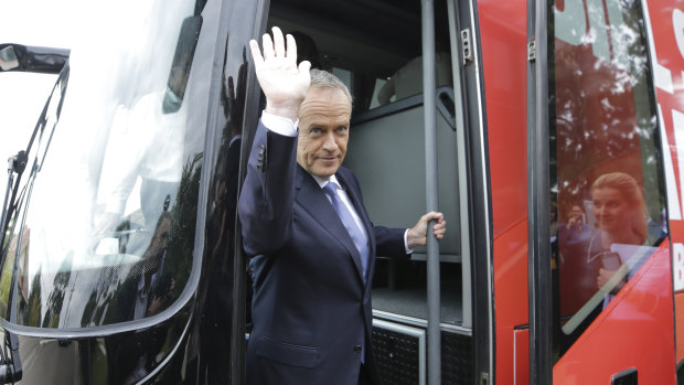 Opposition Leader Bill Shorten boards his campaign bus after visiting a diagnostic imaging centre in Sydney.