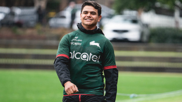 Latrell Mitchell arrives for Souths training on Monday.