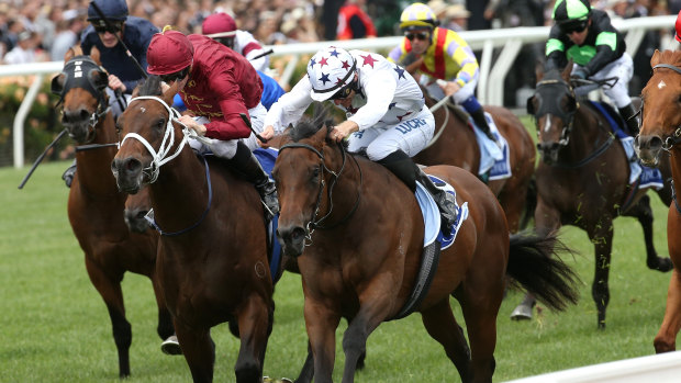 Bitter-sweet win: Sunlight and Luke Currie  on the inside hold off Zousain in the Coolmore Stud Stakes.
