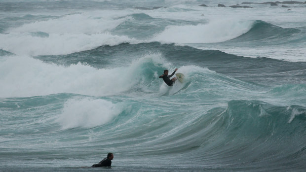 Newcastle surfers take advantage of rough surf at Nobbys Beach on Friday. 