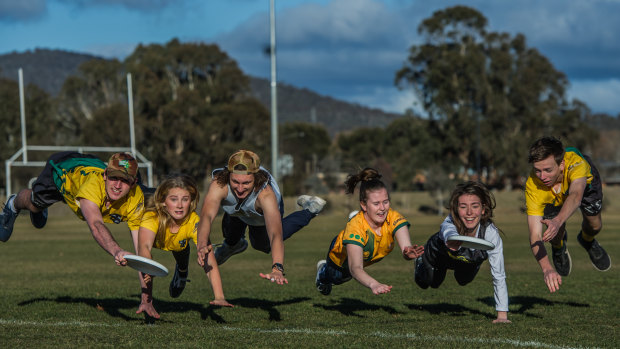 The seven Canberrans in the Australian ultimate frisbee under 20 world championship team, from left, Nicholas Hodson, Thea Ormond, Ollie Speldewinde, Rachel Joyce, Miriam Downey and Aidan Baron. 