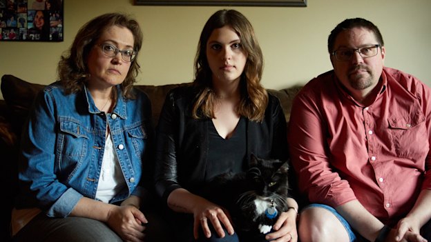 Kristi Schaut (left) with daughter Emile and husband Mark - they lost their daughter and sister Nikki to abdominal cancer and leukaemia. 