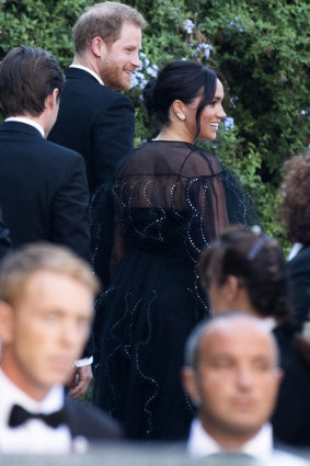 Black ban? Meghan, Duchess of Sussex, and Prince Harry at the wedding of designer Misha Nonoo and Michael Hess in Rome last month.