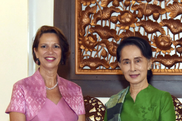 United Nation Special Representative for Myanmar Christine Schraner Burgener with Myanmar’s deposed leader Aung San Suu Kyi, right, in 2018.  