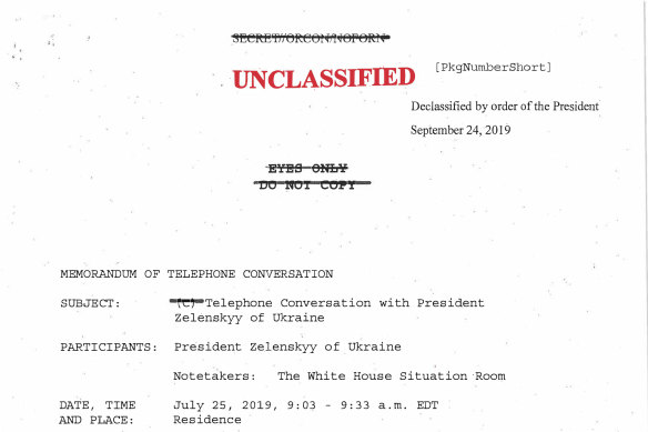 The first page a White House-released rough transcript of Trump's phone call with Ukraine's President.