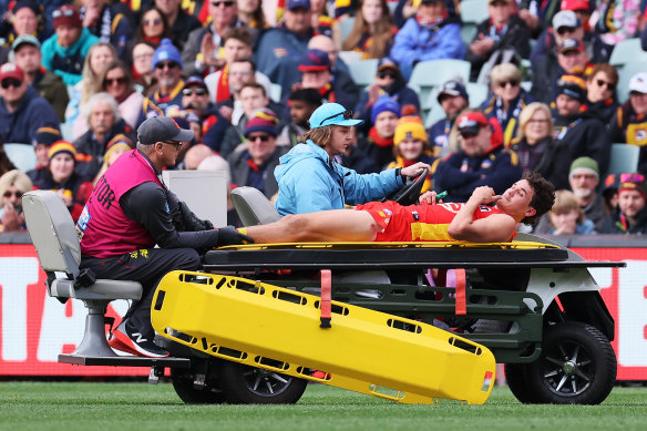 Wil Powell was one of Gold Coast’s best players before hurting his leg - his second serious injury at the Adelaide Oval.