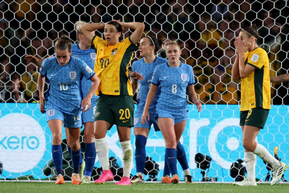 Australia’s Sam Kerr reacts after a missed chance to score.