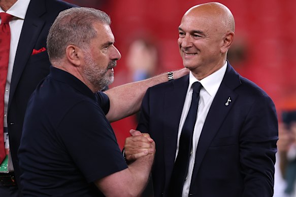 Postecoglou and Spurs chairman Daniel Levy after the Europa League win.