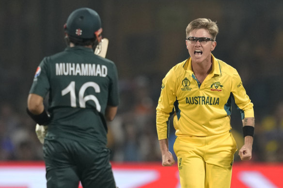 Adam Zampa celebrates a wicket against Pakistan.