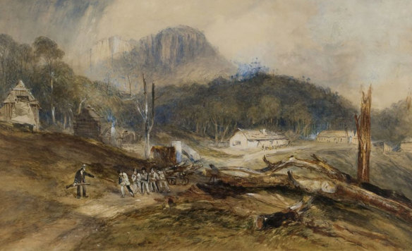 A rare depiction of convicts in the landscape, wearing their bicolour “magpie″⁣ uniforms.