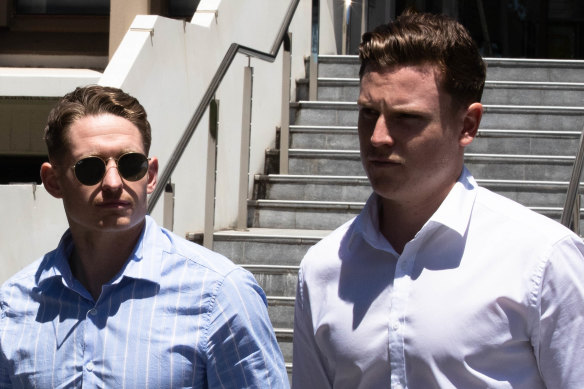 Witnesses Matthew Clune and Jai Field outside the NSW District Court in Wollongong on Tuesday.