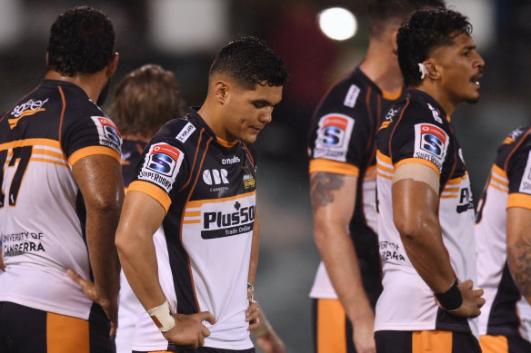 Dejected Brumbies players rue the one that got away in Canberra on Saturday night.