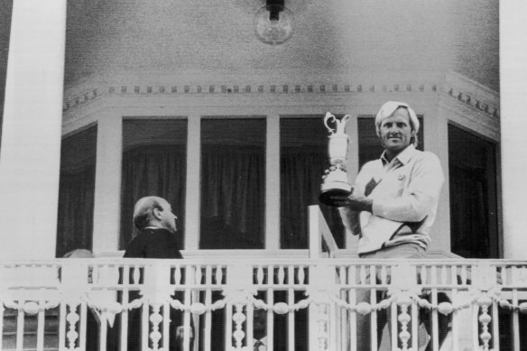 Greg Norman on the balcony of the Turnberry Hotel after his victory in the British Open. July 20, 1986.