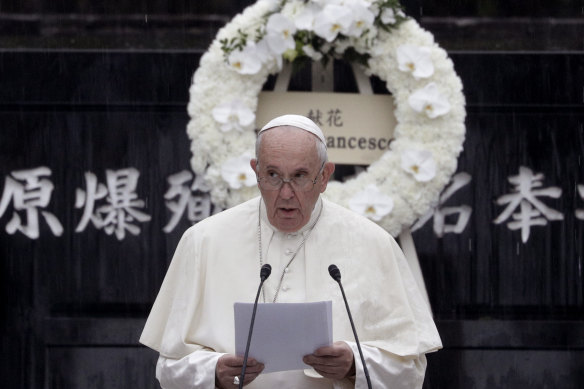 Pope Francis delivers a speech at the Atomic Bomb Hypocentre Park in Nagasaki, Japan. 
