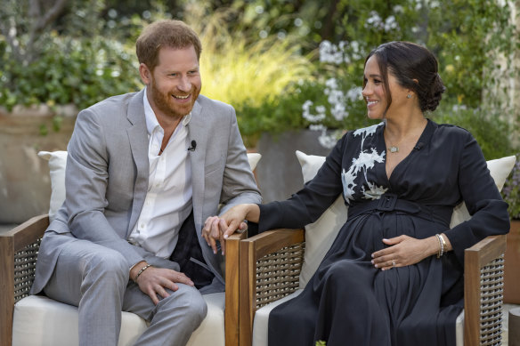 Harry and Meghan as they appeared in the Oprah interview.