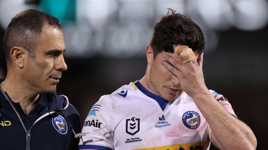 Mitchell Moses suffered a serious concussion in Parramatta’s big loss to Penrith.