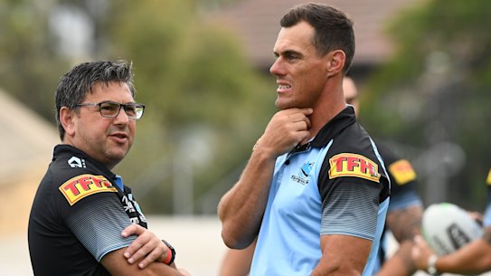 In happier times ... Sharks chief executive Dino Mezzatesta and sacked coach John Morris.