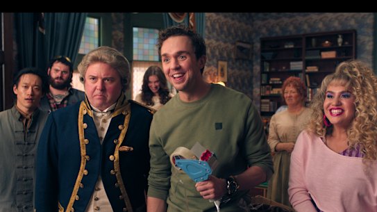 Ghosts Australia: (from left) George Zhao as Joon, Jackson Tozer as Satan, Brent Hill as Gideon, Ines English as Miranda, Mandy McElhinney as Eileen and Michelle Brasier as Lindy. 