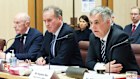 Optus boss Stephen Rue (right) testified before senators in Canberra on Monday on the company’s Triple Zero failures along with chairman John Arthur (centre) and former chairman Paul O’Sullivan (left.)