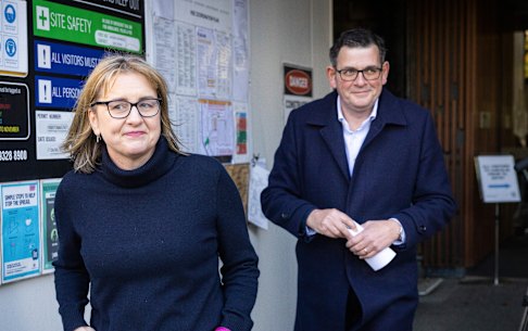 Premier Daniel Andrews and his new deputy Jacinta Allan after Labor’s caucus meeting on Saturday.