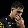 Nathan Cleary leaves the field on Friday night after aggravating his hamstring injury.