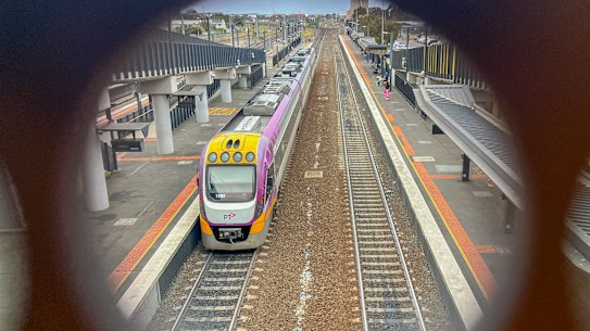 A V/Line train pulling into Sunshine railway station, which will be redeveloped into a “superhub”.