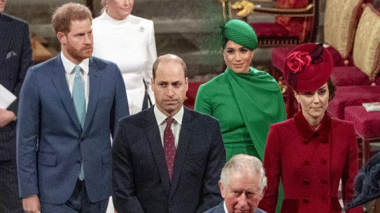 Prince Harry, Meghan, Prince William, Catherine, and King Charles in 2020.
