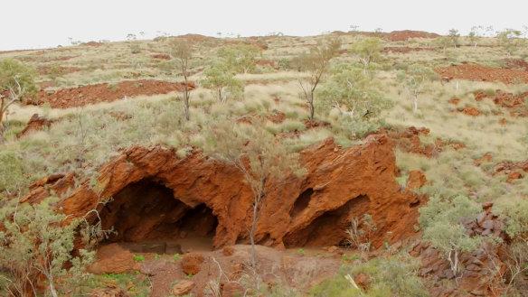 The Juukan Gorge rock shelters before they were legally destroyed by Rio Tinto blasting in 2020.
