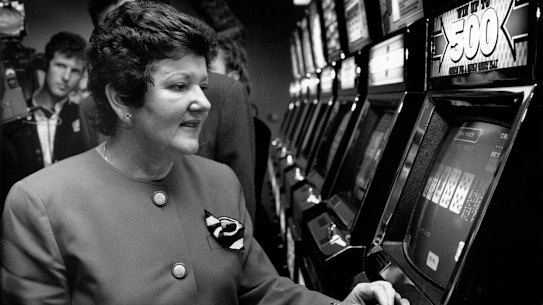 Premier Joan Kirner opens the new poker machine venue at the Essendon Football Club Social Club at Windy Hill.