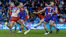 Dylan Brown seen kicking a field goal against the Dolphins.