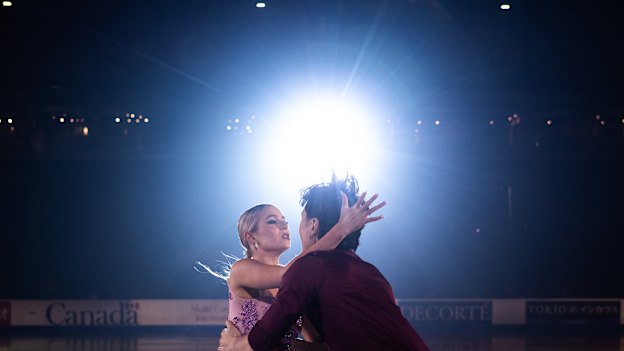 Holly Harris and Jason Chan perform during the gala exhibition at the ISU Grand Prix of Figure Skating in 2022.